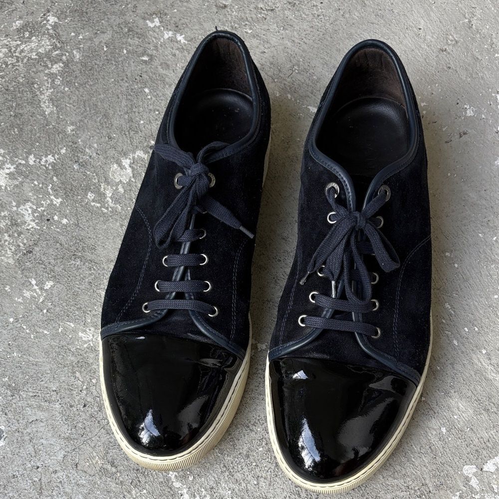 Lanvin DBB1 navy blue suede with black patent leather toe cap